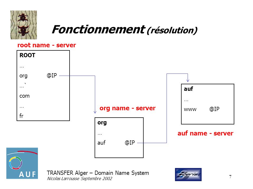 TRANSFER Alger – Domain Name System Nicolas Larrousse Septembre Fonctionnement (résolution) org … ROOT … …` com … fr auf … root name - server org name - server auf name - server