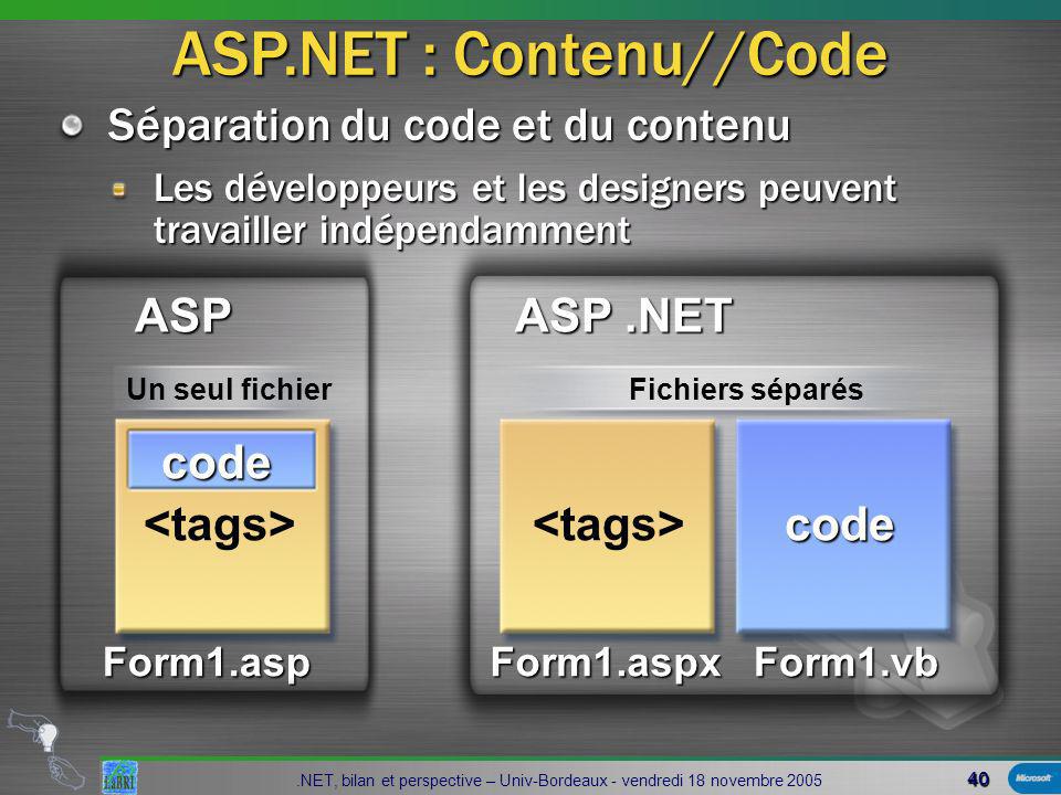 40.NET, bilan et perspective – Univ-Bordeaux - vendredi 18 novembre 2005 Séparation du code et du contenu Les développeurs et les designers peuvent travailler indépendamment Form1.aspForm1.aspxForm1.vb code code Fichiers séparésUn seul fichier ASP ASP.NET ASP.NET : Contenu//Code