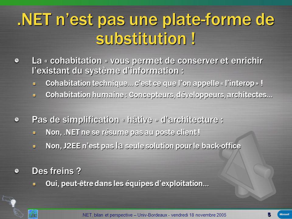 5.NET, bilan et perspective – Univ-Bordeaux - vendredi 18 novembre 2005.NET nest pas une plate-forme de substitution .