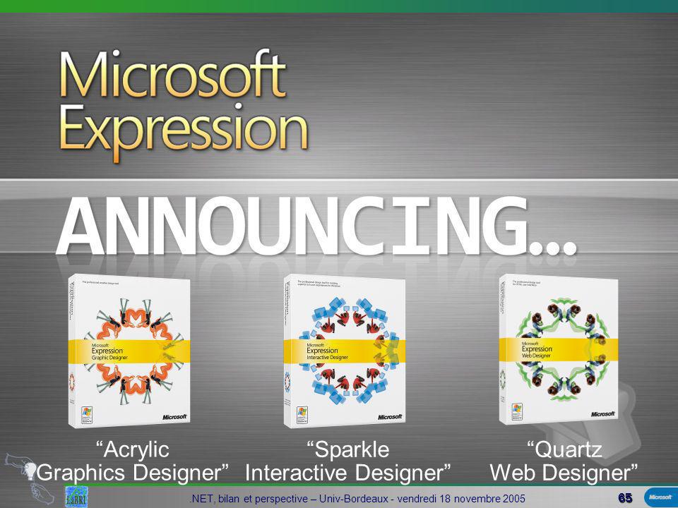 65.NET, bilan et perspective – Univ-Bordeaux - vendredi 18 novembre 2005 Microsoft Expression Acrylic Graphics Designer Sparkle Interactive Designer Quartz Web Designer