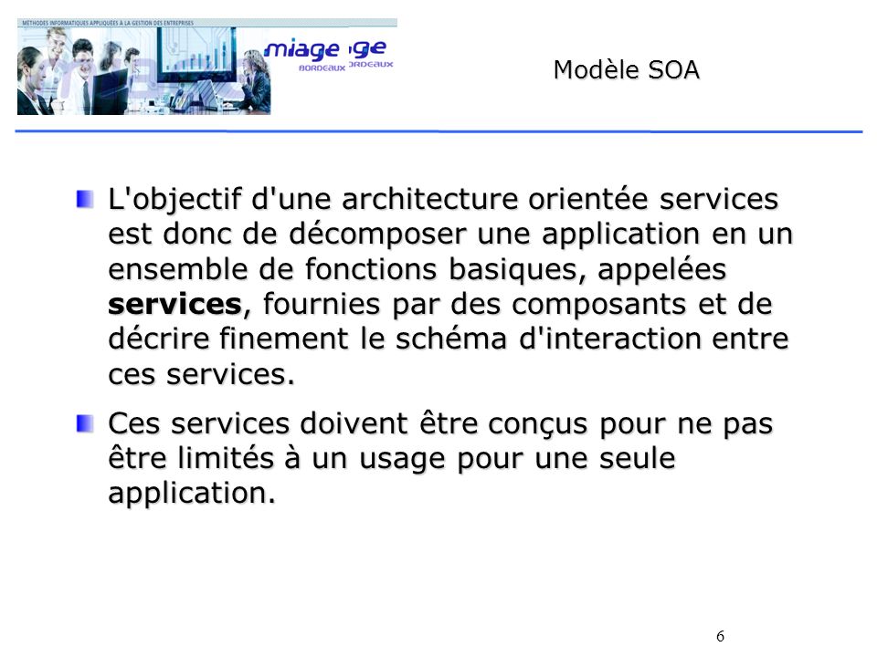 6 Modèle SOA L objectif d une architecture orientée services est donc de décomposer une application en un ensemble de fonctions basiques, appelées services, fournies par des composants et de décrire finement le schéma d interaction entre ces services.