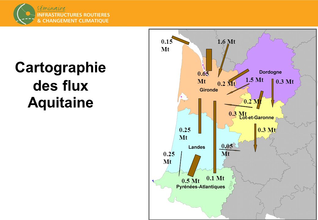 33 Cartographie des flux Aquitaine 0.1 Mt 0.5 Mt 0.25 Mt 0.05 Mt 0.3 Mt0.25 Mt 1.6 Mt 1.5 Mt 0.2 Mt 0.3 Mt 0.2 Mt 0.3 Mt 0.65 Mt 0.15 Mt