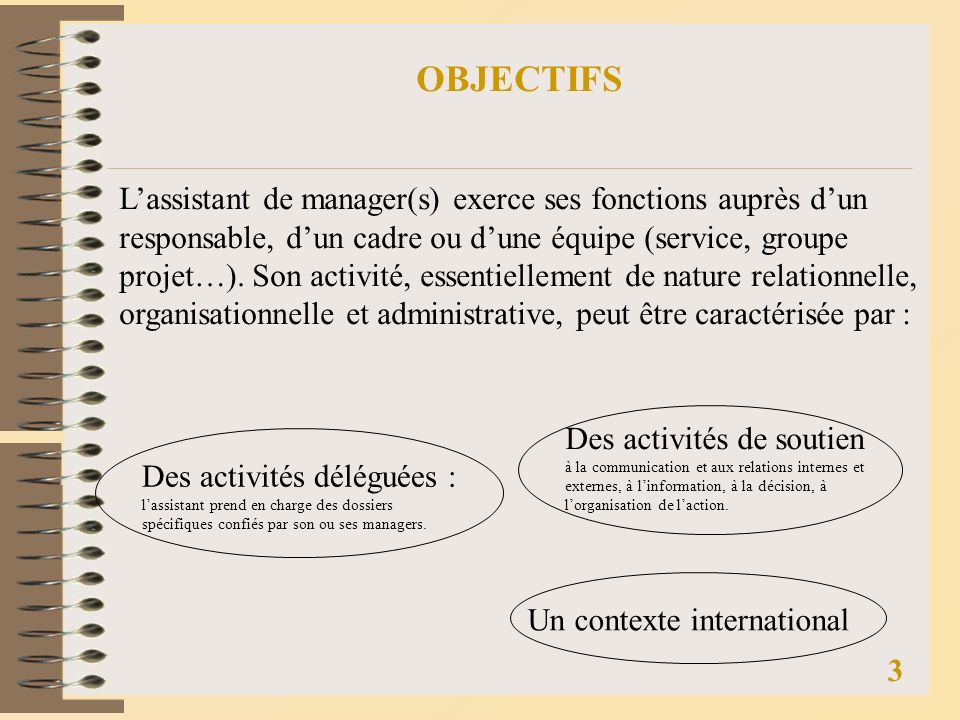 OBJECTIFS Lassistant de manager(s) exerce ses fonctions auprès dun responsable, dun cadre ou dune équipe (service, groupe projet…).