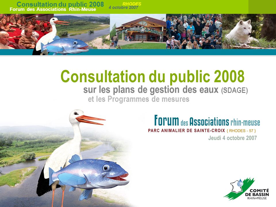Consultation du public 2008 Forum des Associations Rhin-Meuse 4 octobre 2007 RHODES Consultation du public 2008 sur les plans de gestion des eaux (SDAGE) et les Programmes de mesures