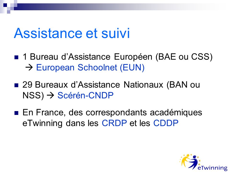Assistance et suivi 1 Bureau dAssistance Européen (BAE ou CSS) European Schoolnet (EUN) 29 Bureaux dAssistance Nationaux (BAN ou NSS) Scérén-CNDP En France, des correspondants académiques eTwinning dans les CRDP et les CDDP