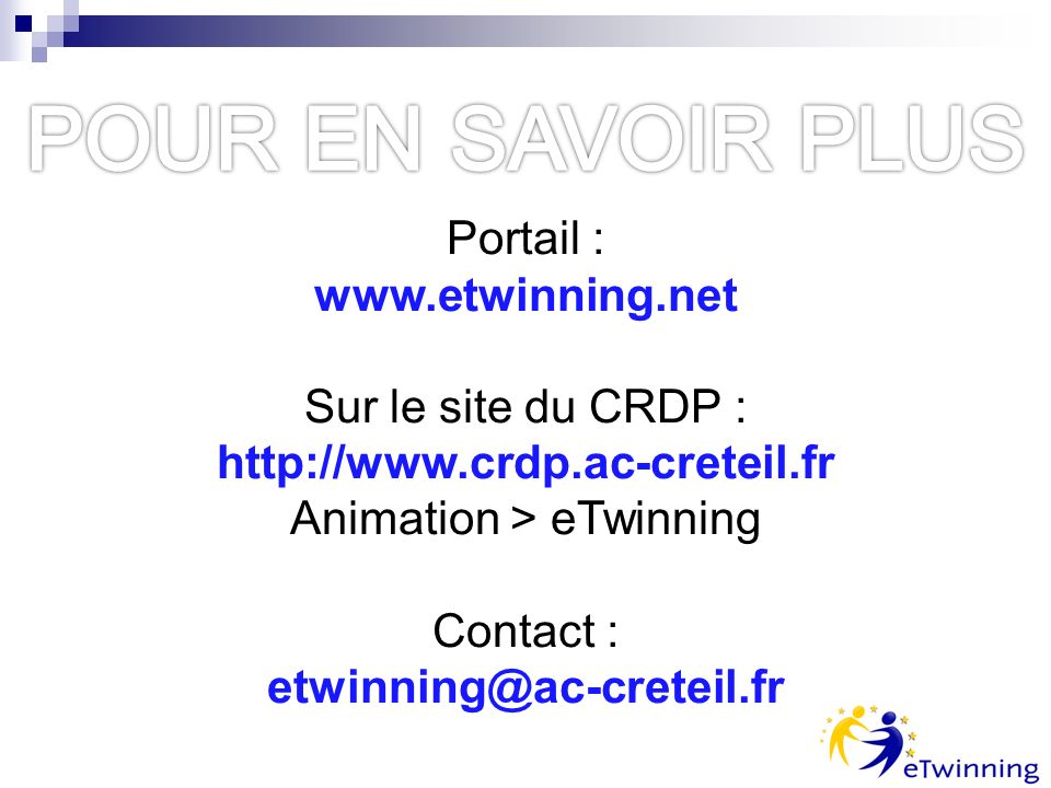 Portail :   Sur le site du CRDP :   Animation > eTwinning Contact :
