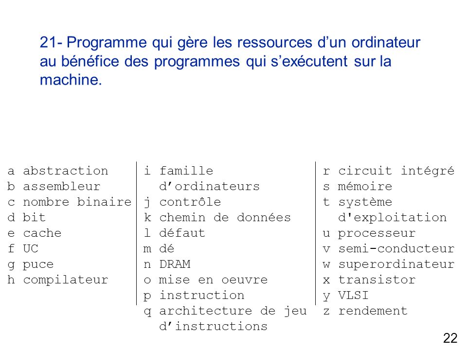 A Abstraction B Assembleur C Nombre Binaire D Bit E Cache F Uc G Puce H Compilateur I Famille Dordinateurs J Controle K Chemin De Donnees L Defaut M De Ppt