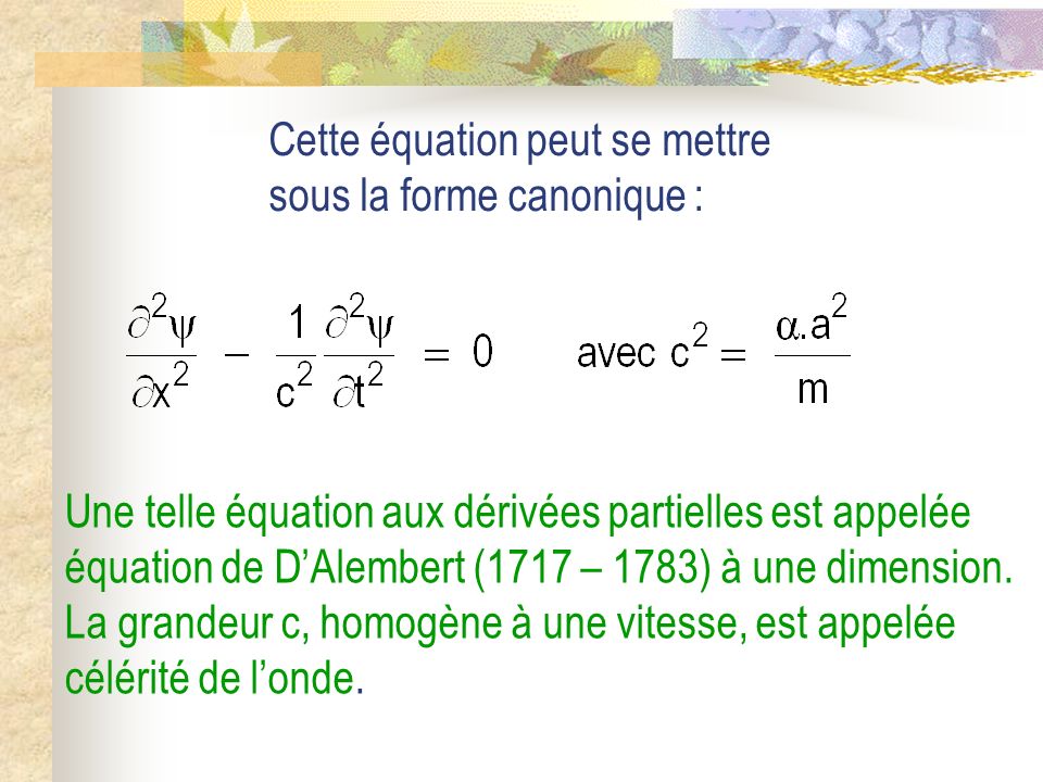 Cette équation peut se mettre sous la forme canonique : Une telle équation aux dérivées partielles est appelée équation de DAlembert (1717 – 1783) à une dimension.