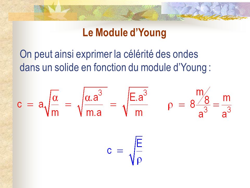 Le Module dYoung On peut ainsi exprimer la célérité des ondes dans un solide en fonction du module dYoung :