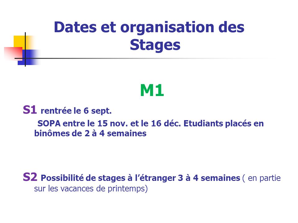 Dates et organisation des Stages M1 S1 rentrée le 6 sept.