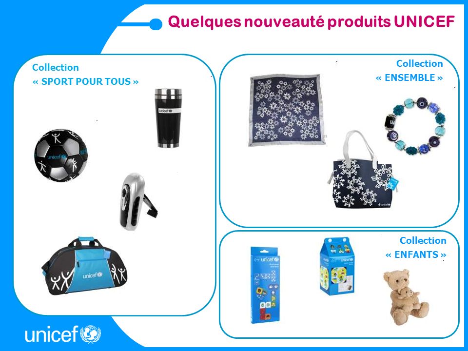 Quelques nouveauté produits UNICEF Collection « ENSEMBLE » Collection « SPORT POUR TOUS » Collection « ENFANTS »