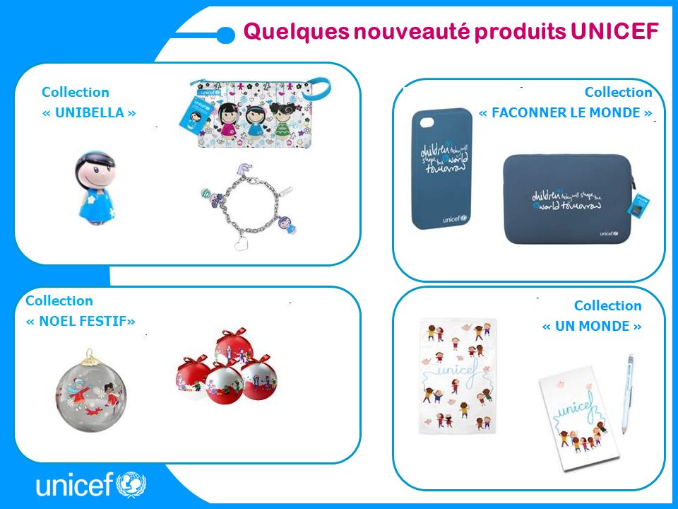 Quelques nouveauté produits UNICEF Collection « FACONNER LE MONDE » Collection « UN MONDE » Collection « UNIBELLA » Collection « NOEL FESTIF»
