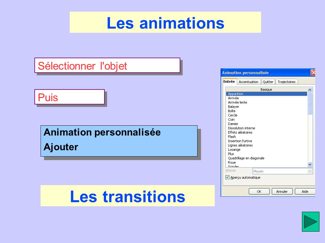 Les animations Sélectionner l objet Puis Animation personnalisée Ajouter Animation personnalisée Ajouter Les transitions