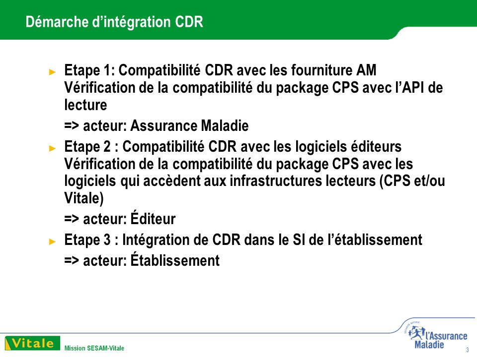 3 Démarche dintégration CDR Etape 1: Compatibilité CDR avec les fourniture AM Vérification de la compatibilité du package CPS avec lAPI de lecture => acteur: Assurance Maladie Etape 2 : Compatibilité CDR avec les logiciels éditeurs Vérification de la compatibilité du package CPS avec les logiciels qui accèdent aux infrastructures lecteurs (CPS et/ou Vitale) => acteur: Éditeur Etape 3 : Intégration de CDR dans le SI de létablissement => acteur: Établissement