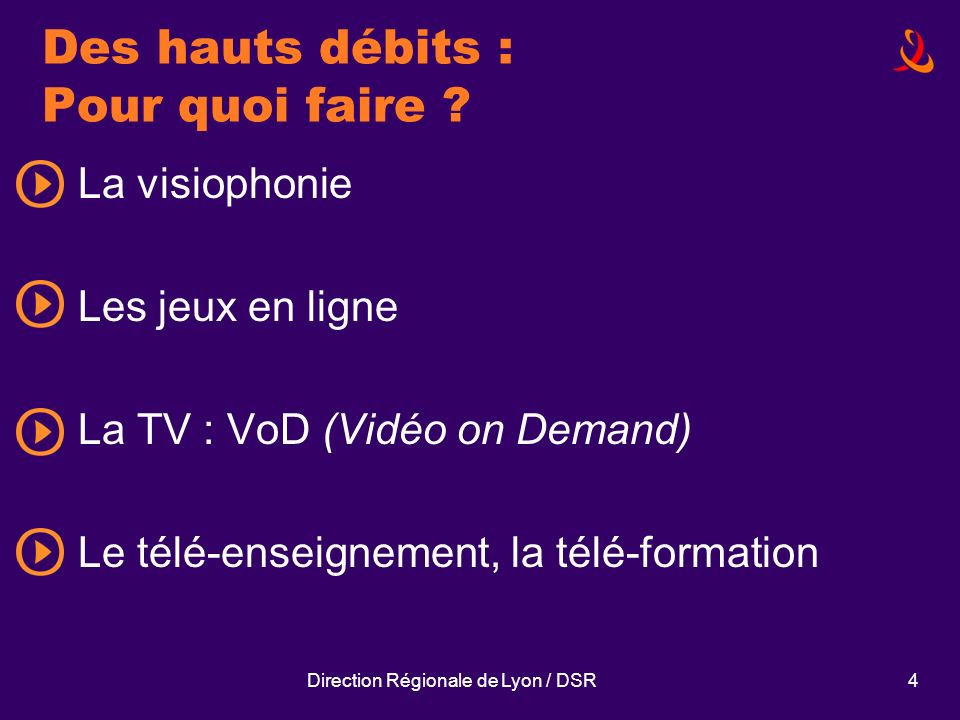 Direction Régionale de Lyon / DSR4 Des hauts débits : Pour quoi faire .