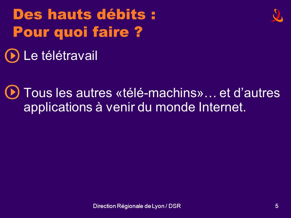 Direction Régionale de Lyon / DSR5 Des hauts débits : Pour quoi faire .
