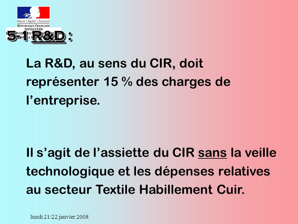lundi 21/22 janvier 2008 La R&D, au sens du CIR, doit représenter 15 % des charges de lentreprise.