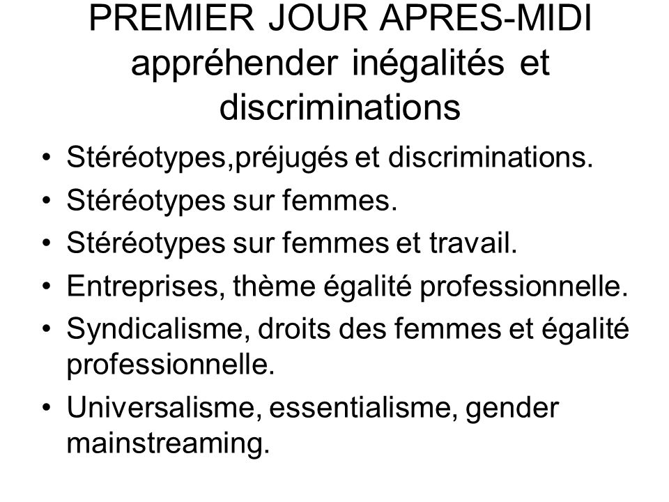 PREMIER JOUR APRES-MIDI appréhender inégalités et discriminations Stéréotypes,préjugés et discriminations.