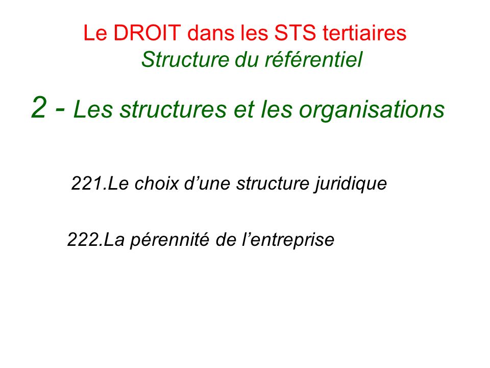 Le DROIT dans les STS tertiaires Structure du référentiel 2 - Les structures et les organisations 221.Le choix dune structure juridique 222.La pérennité de lentreprise