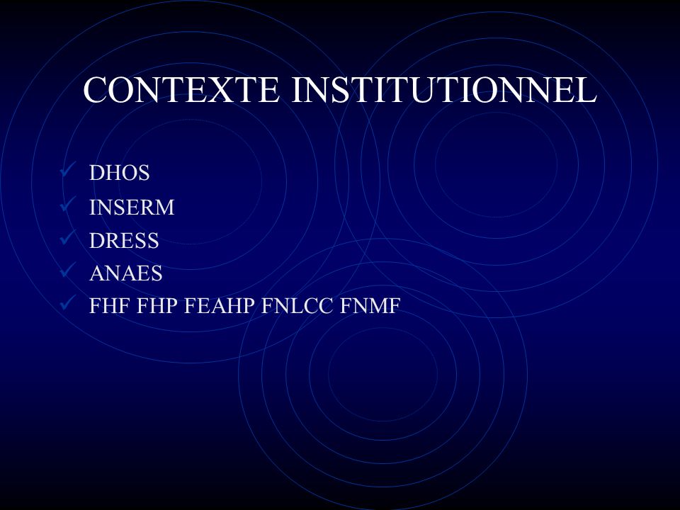 CONTEXTE INSTITUTIONNEL DHOS INSERM DRESS ANAES FHF FHP FEAHP FNLCC FNMF