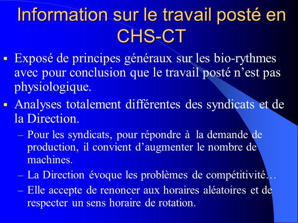Information sur le travail posté en CHS-CT Exposé de principes généraux sur les bio-rythmes avec pour conclusion que le travail posté nest pas physiologique.