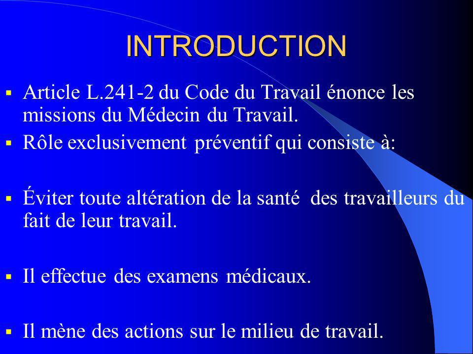INTRODUCTION Article L du Code du Travail énonce les missions du Médecin du Travail.