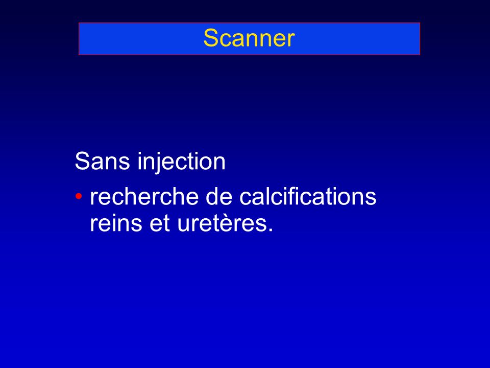 Scanner Sans injection recherche de calcifications reins et uretères.