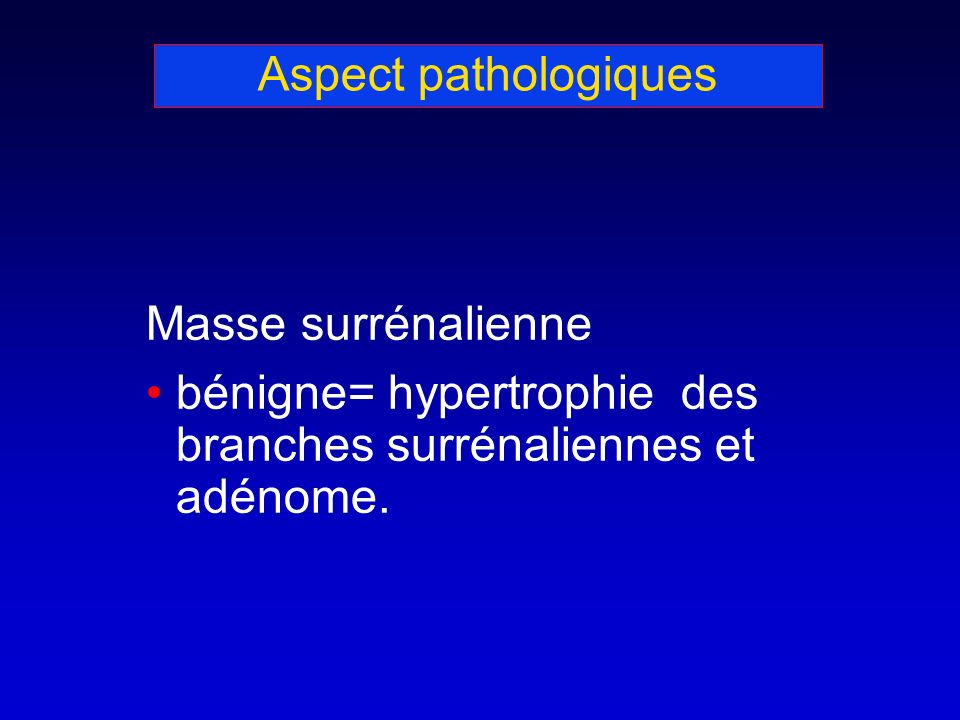 Aspect pathologiques Masse surrénalienne bénigne= hypertrophie des branches surrénaliennes et adénome.