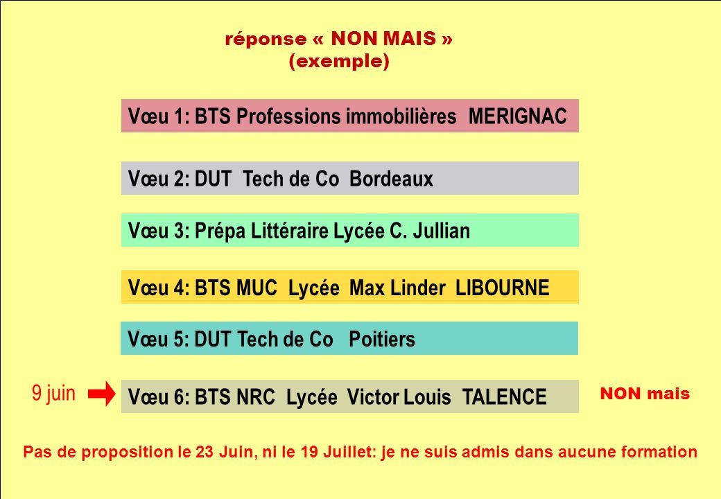 Vœu 1: BTS Professions immobilières MERIGNAC Vœu 2: DUT Tech de Co Bordeaux Vœu 3: Prépa Littéraire Lycée C.