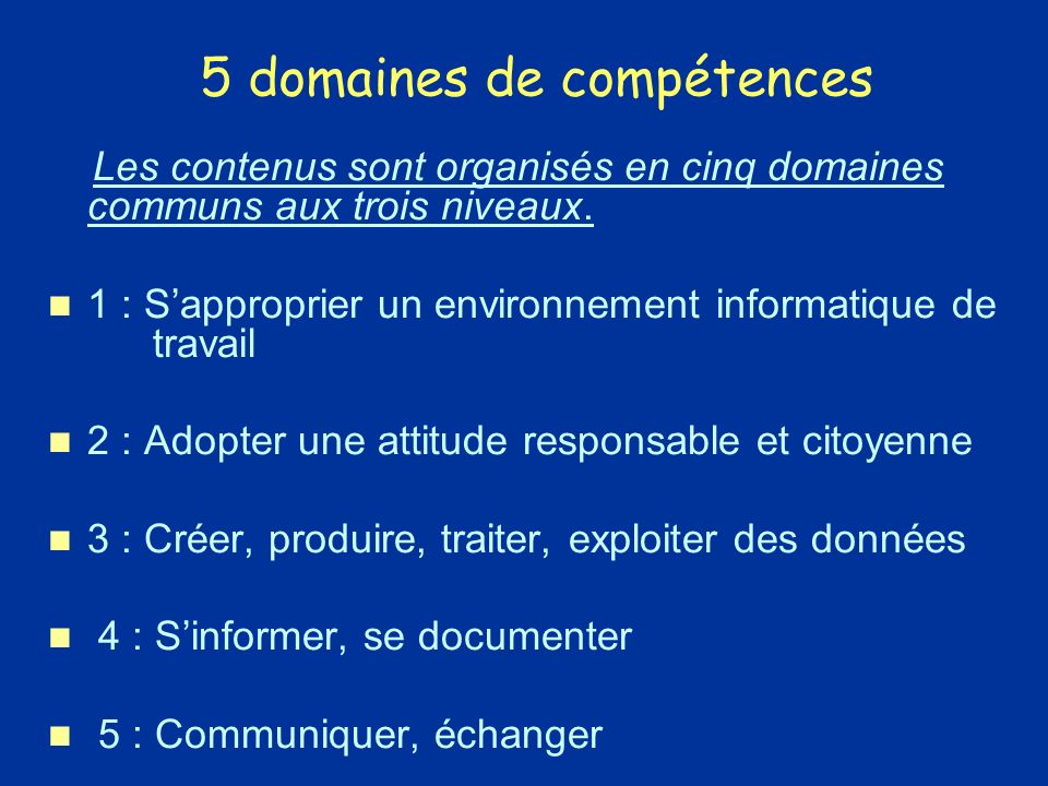 5 domaines de compétences Les contenus sont organisés en cinq domaines communs aux trois niveaux.Les contenus sont organisés en cinq domaines communs aux trois niveaux.
