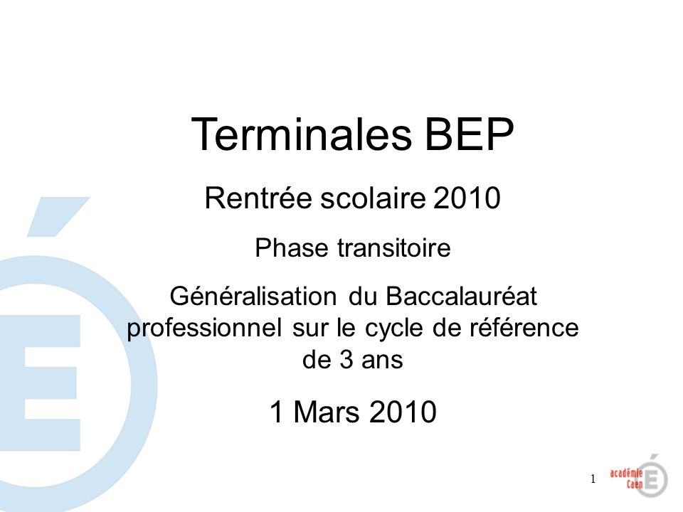 1 Terminales BEP Rentrée scolaire 2010 Phase transitoire Généralisation du Baccalauréat professionnel sur le cycle de référence de 3 ans 1 Mars 2010
