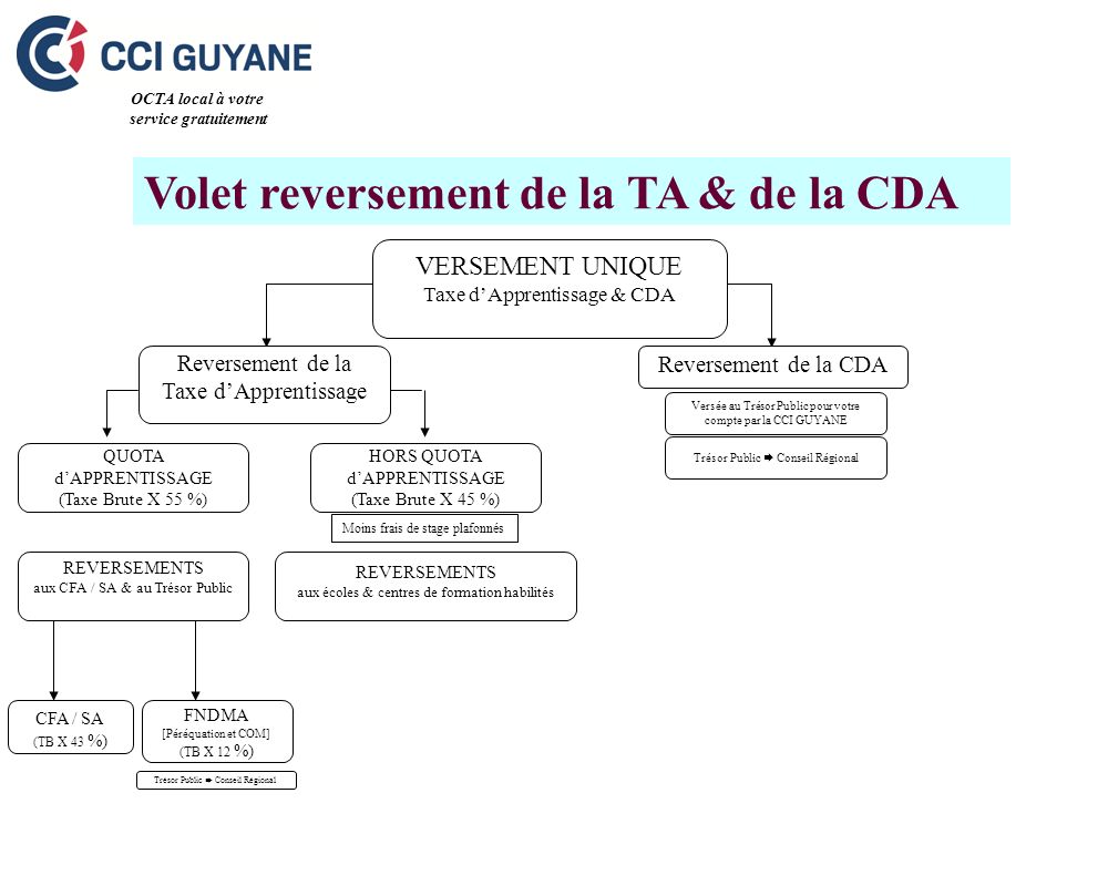 Volet reversement de la TA & de la CDA Versée au Trésor Public pour votre compte par la CCI GUYANE Trésor Public Conseil Régional OCTA local à votre service gratuitement REVERSEMENTS aux écoles & centres de formation habilités REVERSEMENTS aux CFA / SA & au Trésor Public VERSEMENT UNIQUE Taxe dApprentissage & CDA Reversement de la Taxe dApprentissage Reversement de la CDA CFA / SA (TB X 43 %) FNDMA [Péréquation et COM] (TB X 12 %) Trésor Public Conseil Régional QUOTA dAPPRENTISSAGE (Taxe Brute X 55 %) HORS QUOTA dAPPRENTISSAGE (Taxe Brute X 45 %) Moins frais de stage plafonnés