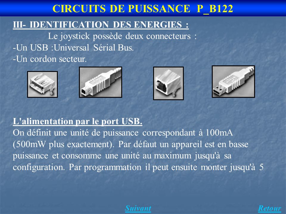 Suivant 3 CIRCUITS DE PUISSANCE P_B122 III- IDENTIFICATION DES ENERGIES : Le joystick possède deux connecteurs : -Un USB :Universal Sérial Bus.