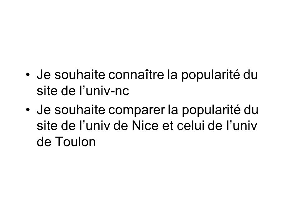 Je souhaite connaître la popularité du site de luniv-nc Je souhaite comparer la popularité du site de luniv de Nice et celui de luniv de Toulon