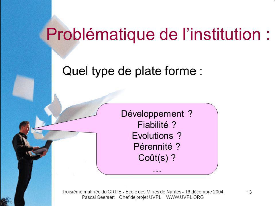 D Troisième matinée du CRITE - Ecole des Mines de Nantes - 16 décembre 2004 Pascal Geeraert - Chef de projet UVPL Problématique de linstitution : Quel type de plate forme : Développement .