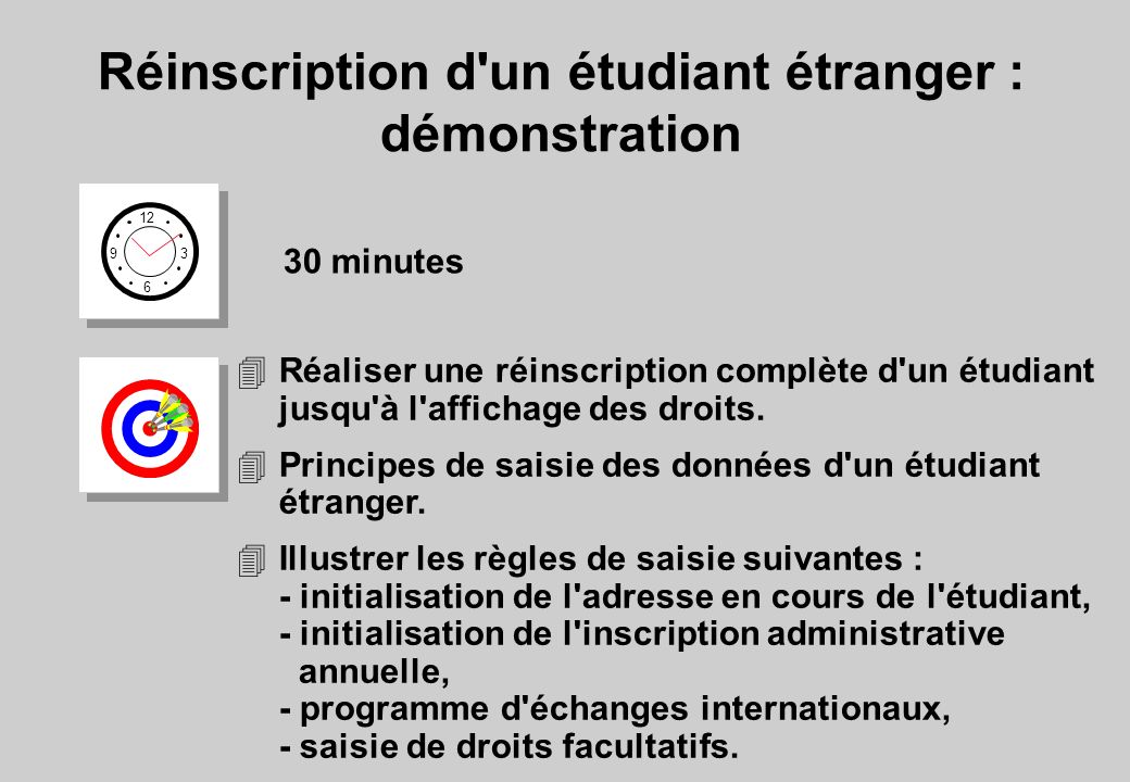 Réinscription d un étudiant étranger : démonstration minutes 4Réaliser une réinscription complète d un étudiant jusqu à l affichage des droits.