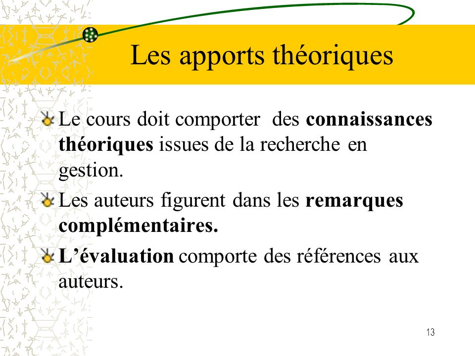 13 Les apports théoriques Le cours doit comporter des connaissances théoriques issues de la recherche en gestion.