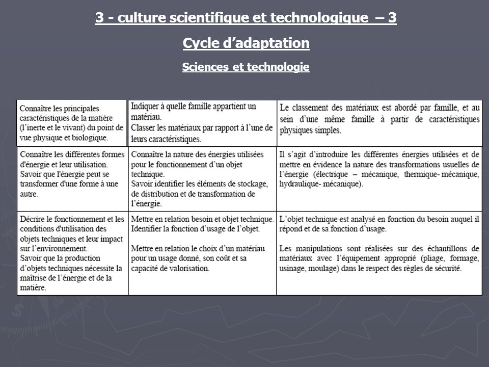3 - culture scientifique et technologique – 3 Cycle dadaptation Sciences et technologie