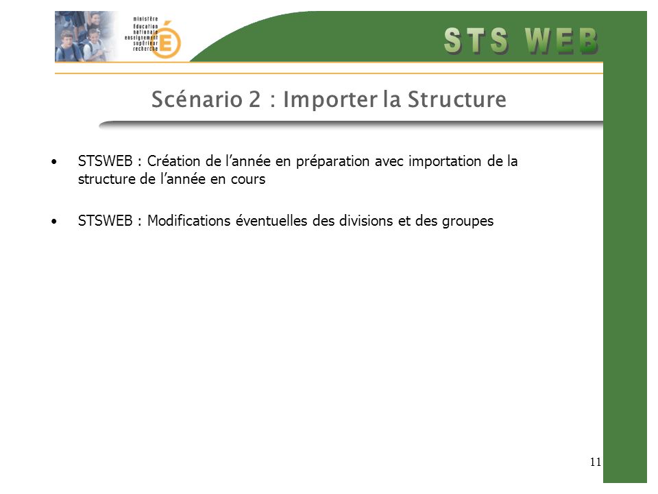 11 Scénario 2 : Importer la Structure STSWEB : Création de lannée en préparation avec importation de la structure de lannée en cours STSWEB : Modifications éventuelles des divisions et des groupes