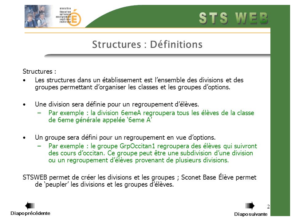2 Structures : Définitions Structures : Les structures dans un établissement est lensemble des divisions et des groupes permettant dorganiser les classes et les groupes doptions.