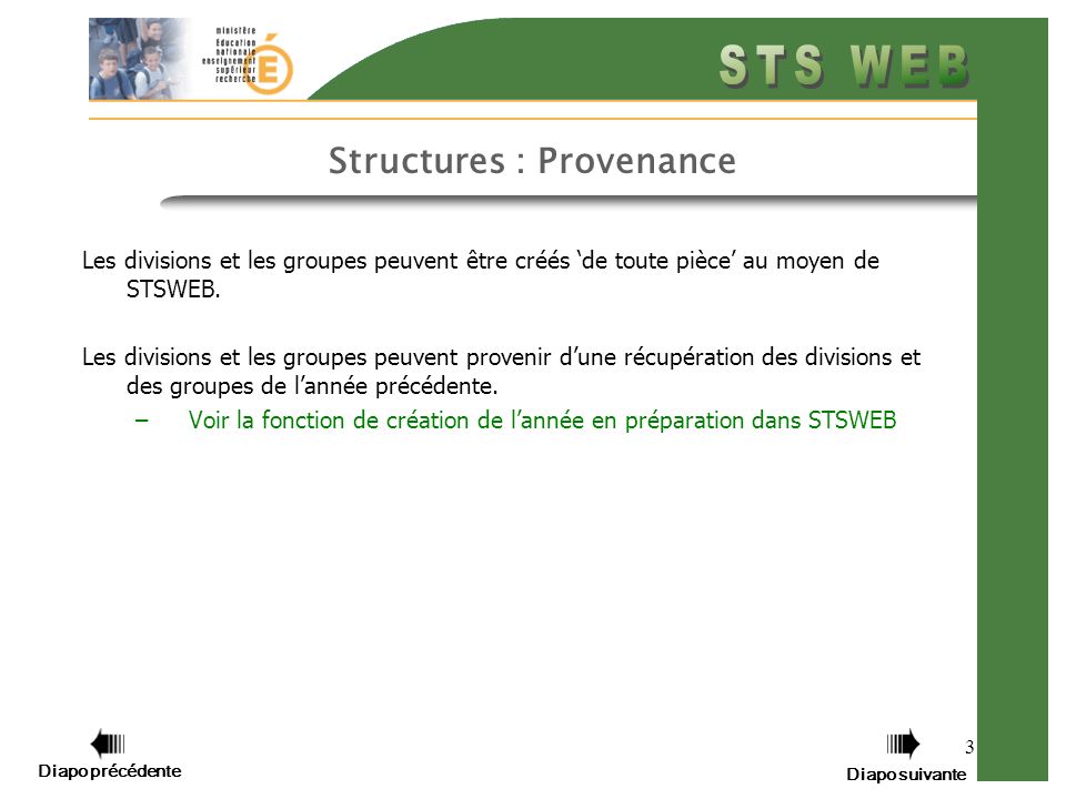 3 Structures : Provenance Les divisions et les groupes peuvent être créés de toute pièce au moyen de STSWEB.
