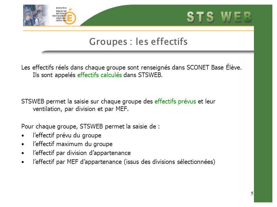 5 Groupes : les effectifs Les effectifs réels dans chaque groupe sont renseignés dans SCONET Base Élève.