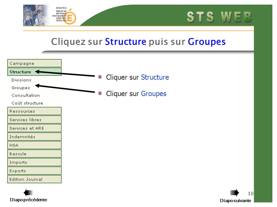 10 Cliquer sur Structure Cliquer sur Groupes Diapo précédente Diapo suivante Cliquez sur Structure puis sur Groupes