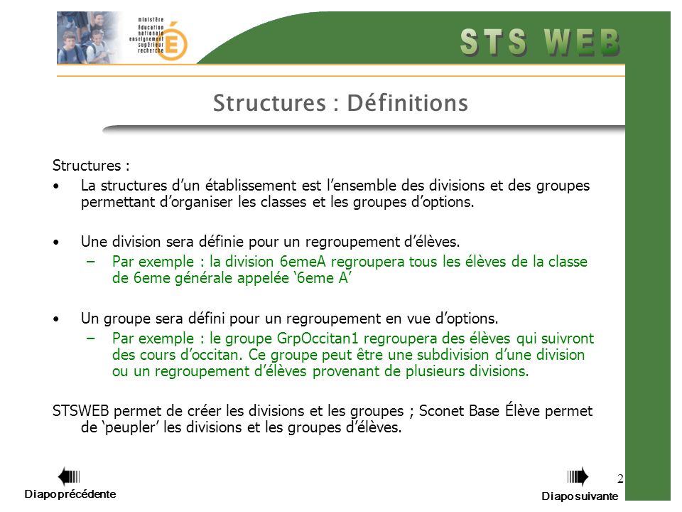2 Structures : Définitions Structures : La structures dun établissement est lensemble des divisions et des groupes permettant dorganiser les classes et les groupes doptions.