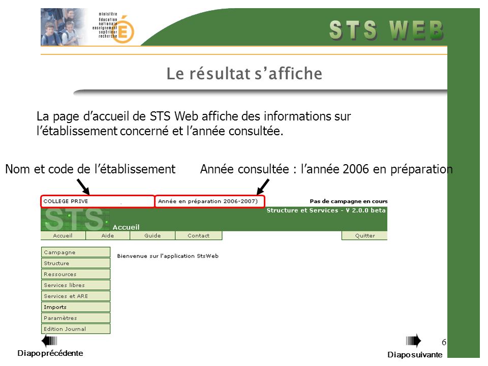 6 Le résultat saffiche La page daccueil de STS Web affiche des informations sur létablissement concerné et lannée consultée.