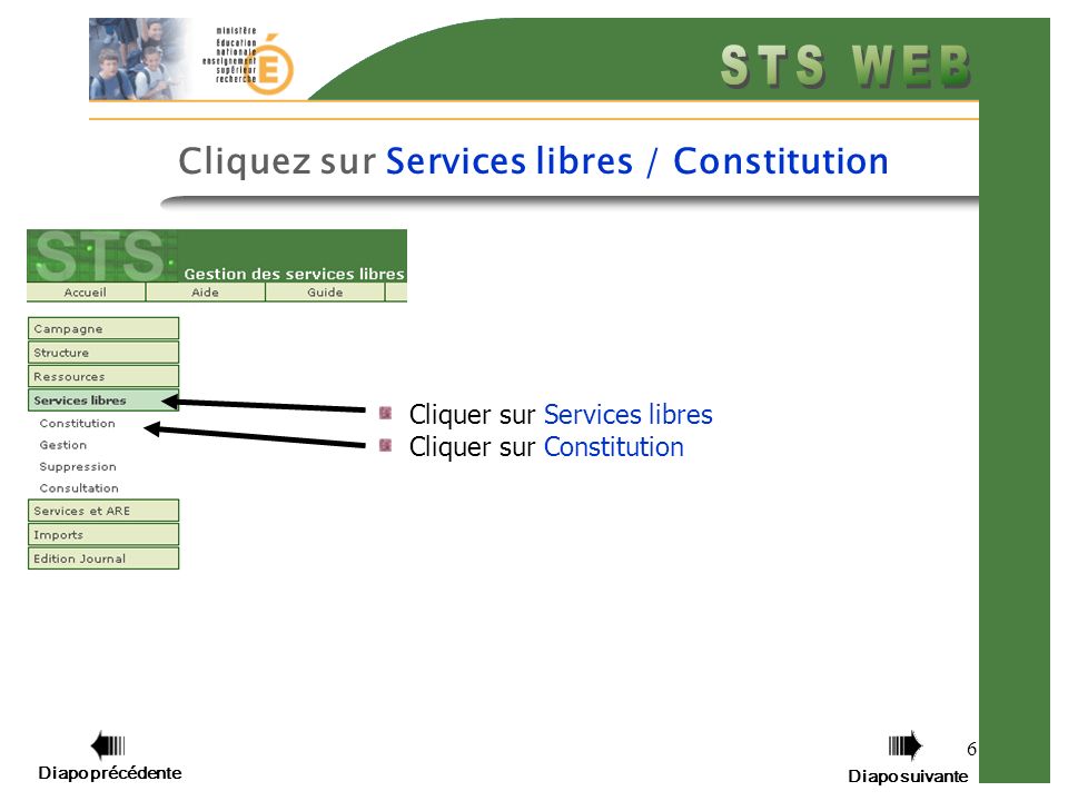 6 Cliquer sur Services libres Cliquer sur Constitution Diapo précédente Diapo suivante Cliquez sur Services libres / Constitution