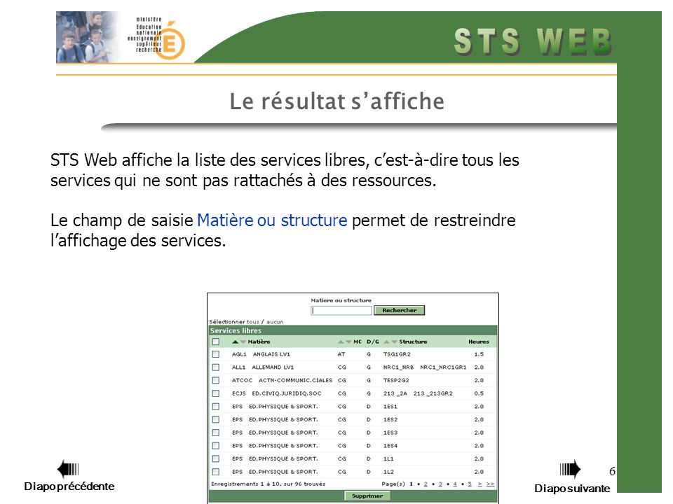6 Le résultat saffiche STS Web affiche la liste des services libres, cest-à-dire tous les services qui ne sont pas rattachés à des ressources.