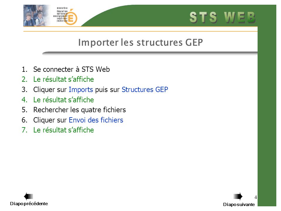 4 Importer les structures GEP 1.Se connecter à STS Web 2.Le résultat saffiche 3.Cliquer sur Imports puis sur Structures GEP 4.Le résultat saffiche 5.Rechercher les quatre fichiers 6.Cliquer sur Envoi des fichiers 7.Le résultat saffiche Diapo précédente Diapo suivante