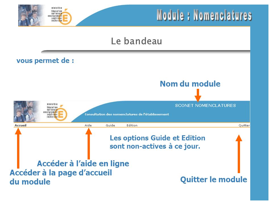Le bandeau vous permet de : Accéder à la page daccueil du module Accéder à laide en ligne Quitter le module Nom du module Les options Guide et Edition sont non-actives à ce jour.