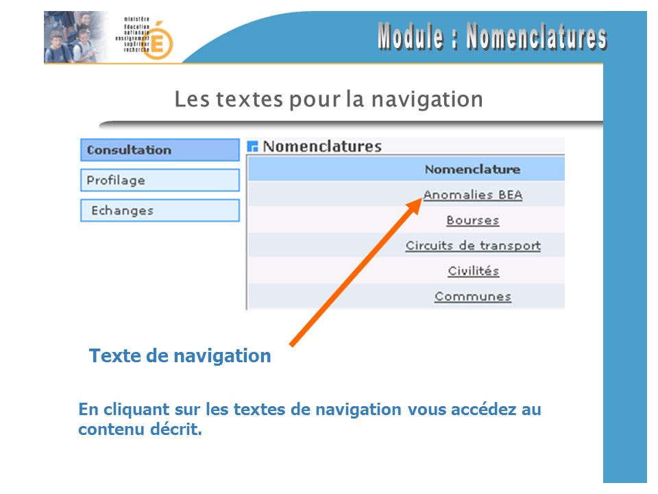 Les textes pour la navigation En cliquant sur les textes de navigation vous accédez au contenu décrit.